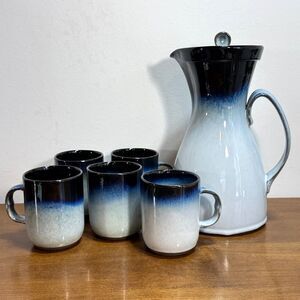 Studio Art Pottery Pitcher Mugs Signed Peter Pots Handmade Seagull Blue Set